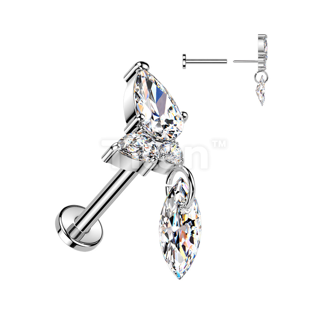 Titanium Threadless Push In Flat Back Labret With CZ Cluster & Marquise CZ Dangle - Image 2