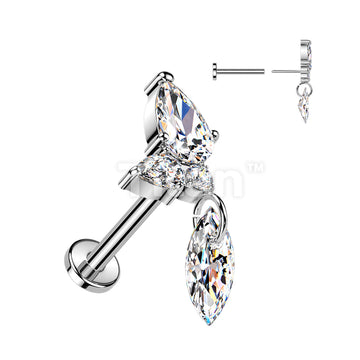 Titanium Threadless Push In Flat Back Labret With CZ Cluster & Marquise CZ Dangle - Image 2