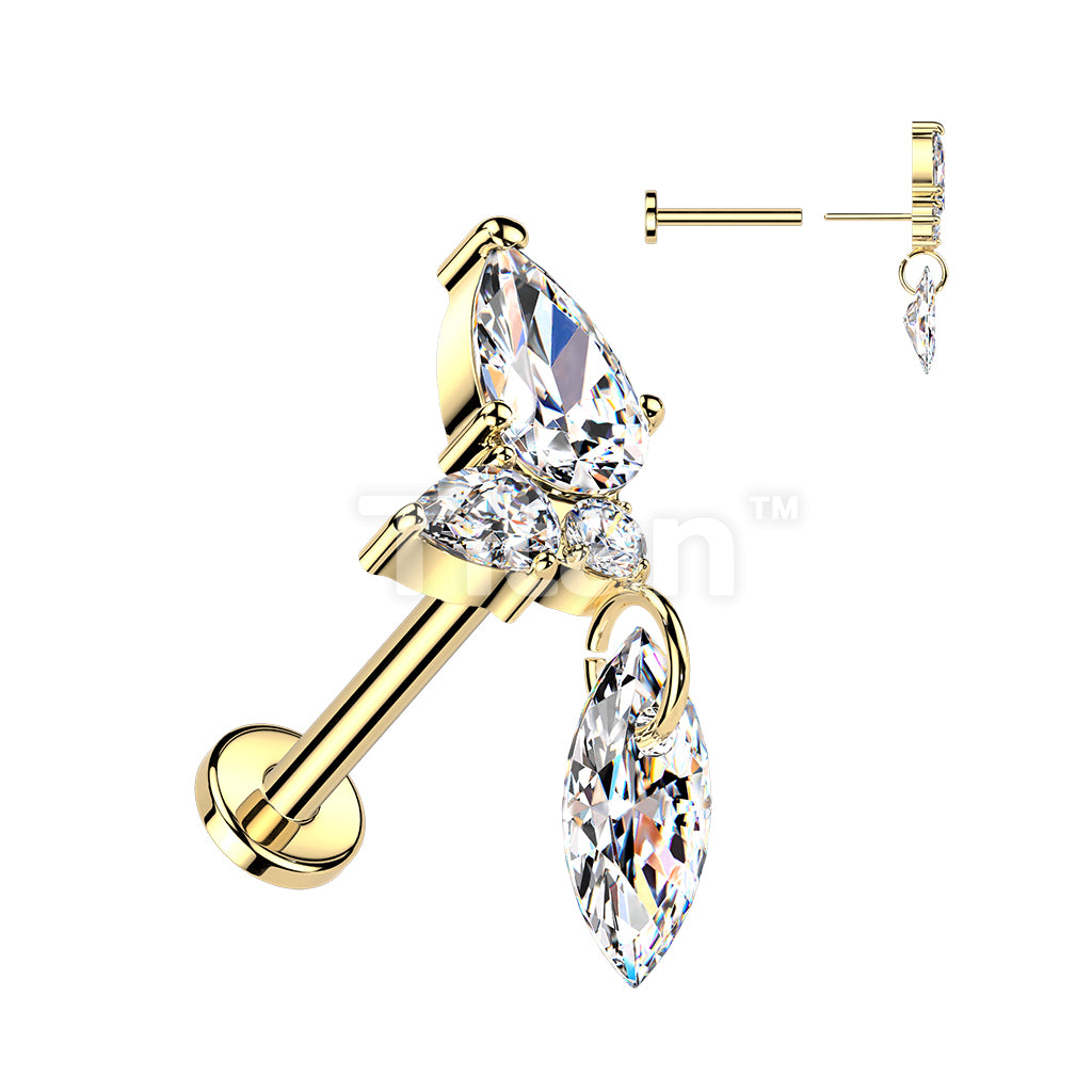 Titanium Threadless Push In Flat Back Labret With CZ Cluster & Marquise CZ Dangle - Image 3
