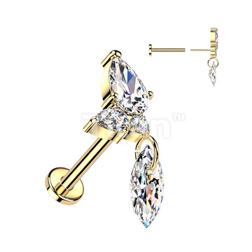 Titanium Threadless Push In Flat Back Labret With CZ Cluster & Marquise CZ Dangle - Image 3