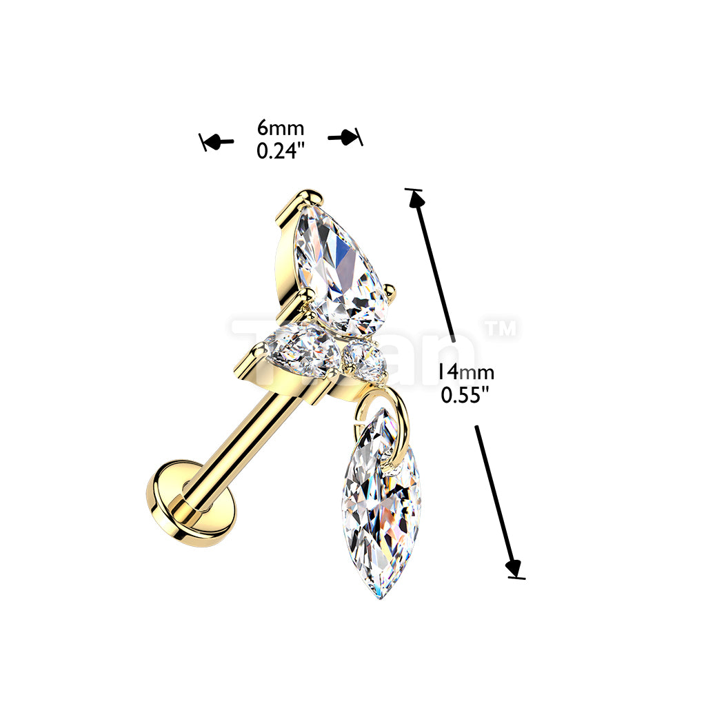 Titanium Threadless Push In Flat Back Labret With CZ Cluster & Marquise CZ Dangle - Image 4