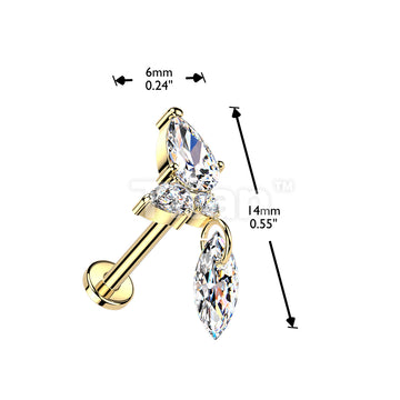Titanium Threadless Push In Flat Back Labret With CZ Cluster & Marquise CZ Dangle - Image 4