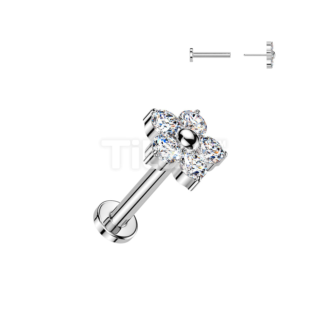 Titanium Threadless Push In Labret With 5 CZ Flower Top - Image 2