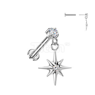 Titanium Threadless Push In Labret With Prong Set CZ Top And Starburst Dangle - Image 2