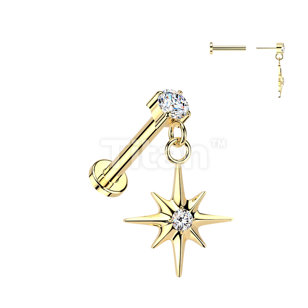 Titanium Threadless Push In Labret With Prong Set CZ Top And Starburst Dangle - Image 3