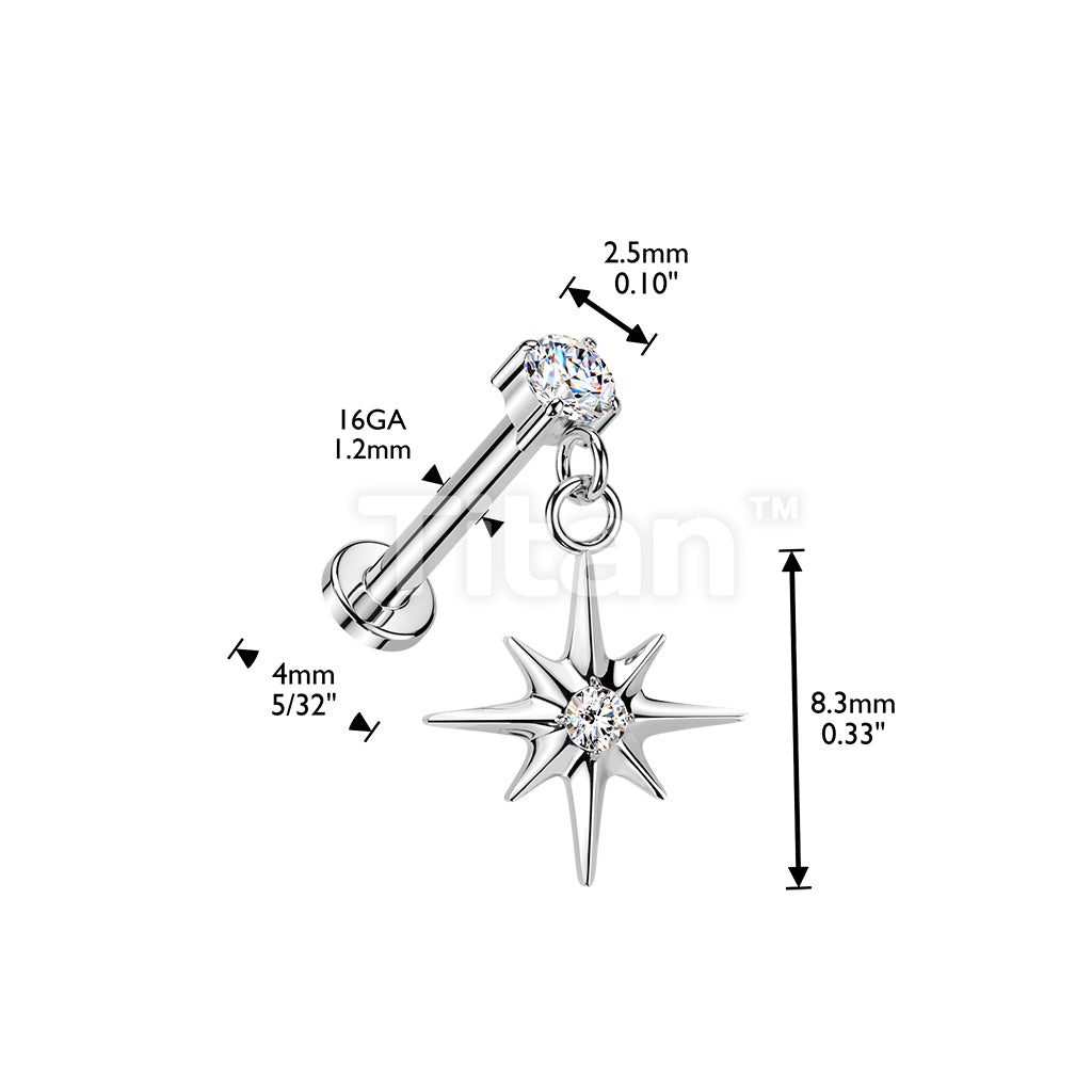 Titanium Threadless Push In Labret With Prong Set CZ Top And Starburst Dangle - Image 4