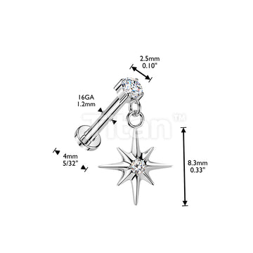 Titanium Threadless Push In Labret With Prong Set CZ Top And Starburst Dangle - Image 4