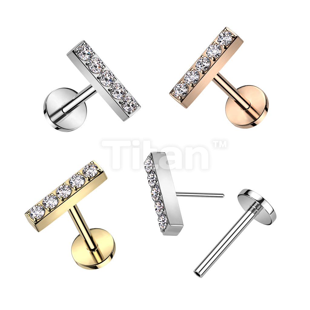 Implant Grade Titanium Threadless Push In Labret, Flat Back Stud With 5 CNC Set CZ Lined Straight Bar Top