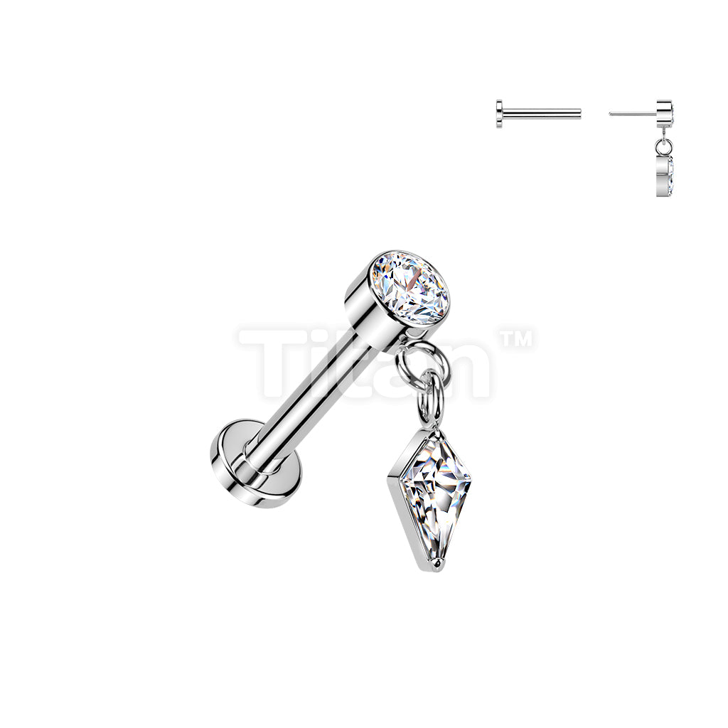 Titanium Threadless Push In Labret With Bezel Set CZ Top And Diamond Cut CZ Dangle - Image 2