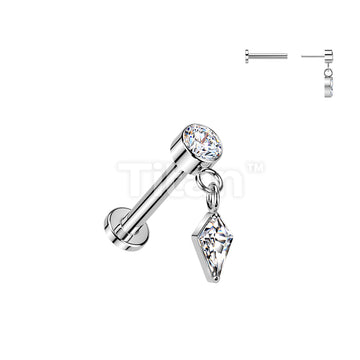 Titanium Threadless Push In Labret With Bezel Set CZ Top And Diamond Cut CZ Dangle - Image 2