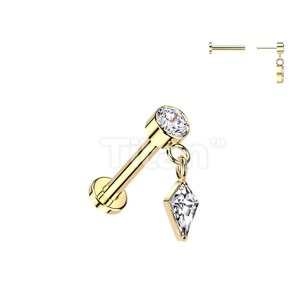 Titanium Threadless Push In Labret With Bezel Set CZ Top And Diamond Cut CZ Dangle - Image 3