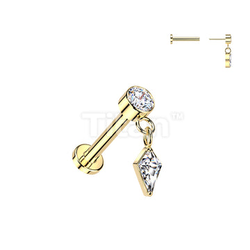 Titanium Threadless Push In Labret With Bezel Set CZ Top And Diamond Cut CZ Dangle - Image 3