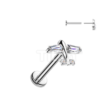 Titanium Threadless Push In Flat Back Labret With CZ Airplane  - Image 2