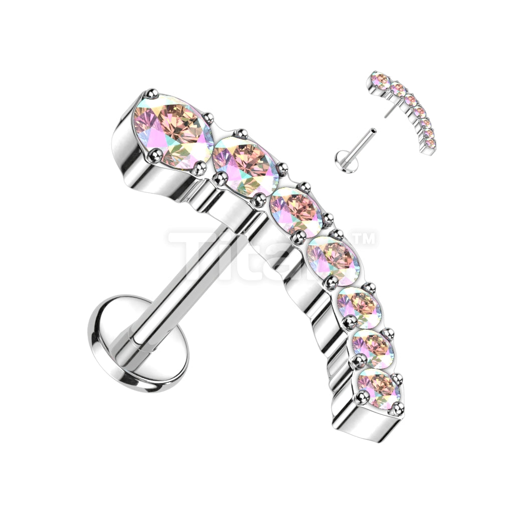 Implant Grade Titanium Threadless Push In Labret With Descending 7 CZ Curved Prong Set Top - Image 2