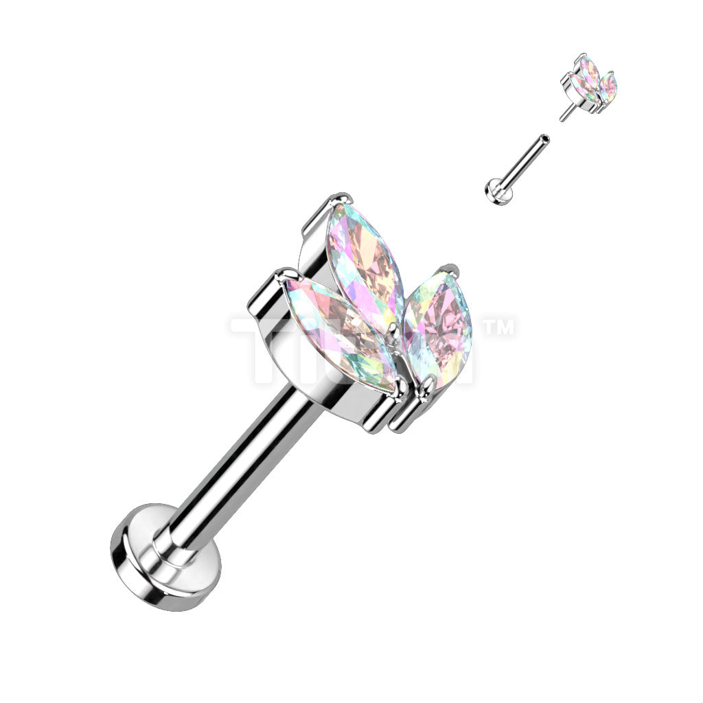 Implant Grade Titanium Threadless Push In Labret With 3 Marquise CZ or Opal Leaf Top - Image 2