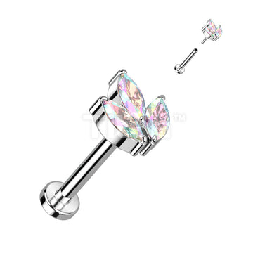 Implant Grade Titanium Threadless Push In Labret With 3 Marquise CZ or Opal Leaf Top - Image 2