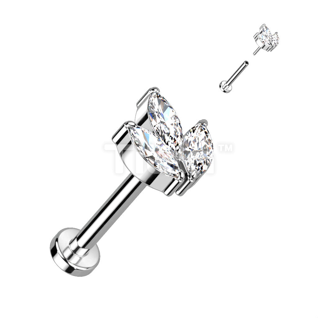 Implant Grade Titanium Threadless Push In Labret With 3 Marquise CZ or Opal Leaf Top - Image 3
