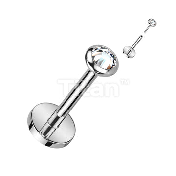 Implant Grade Titanium Threadless Push In Labret, Flat Back Stud With Round Flat Bezel Set CZ or Opal Top - Image 3