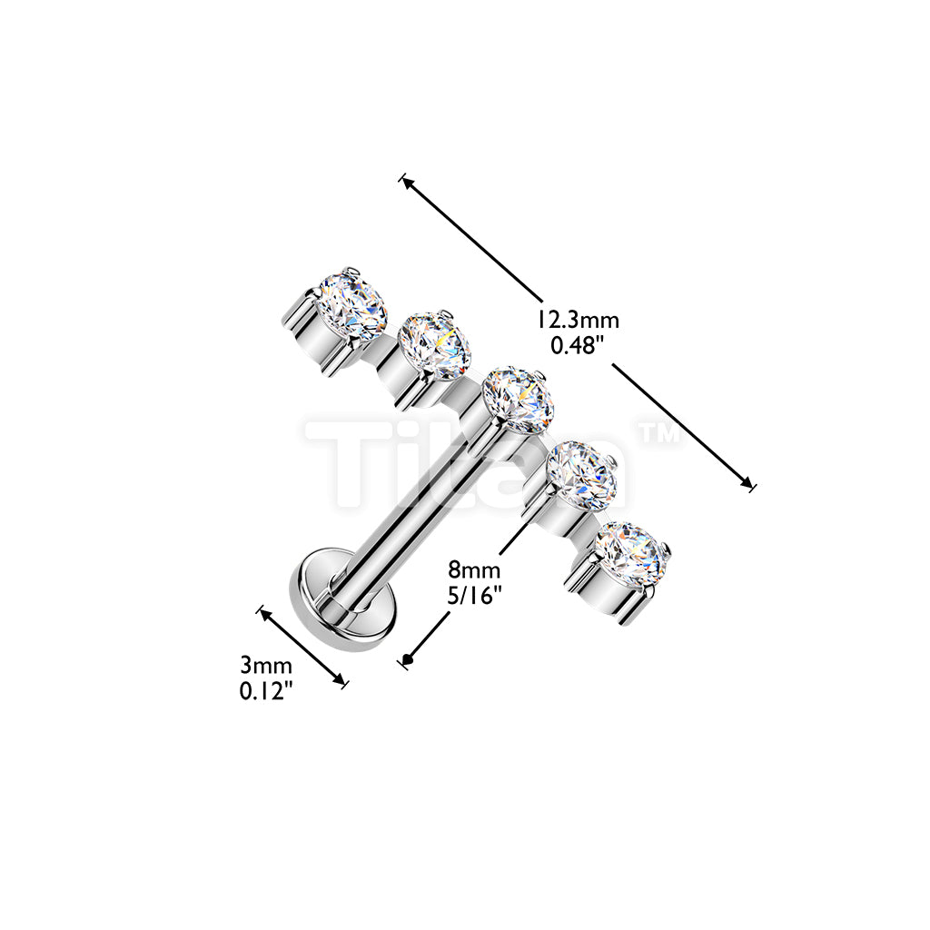 Titanium Threadless Push In Flat Back Stud With 5 Round CZ Curved Top - Image 4