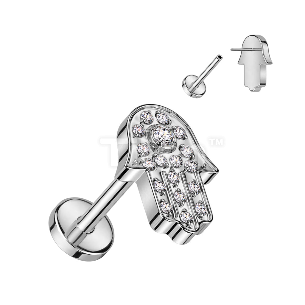Implant Grade Titanium Threadless Push In Labret With Hamsa Pave CZ Top - Image 2