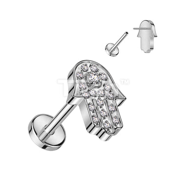 Implant Grade Titanium Threadless Push In Labret With Hamsa Pave CZ Top - Image 2