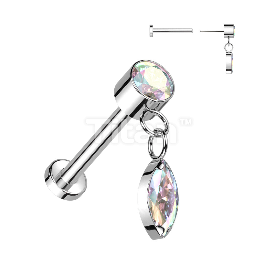 Implant Grade Titanium Threadless Push In Labret With Round Bezel Set CZ and Marquise CZ Dangle Top - Image 2