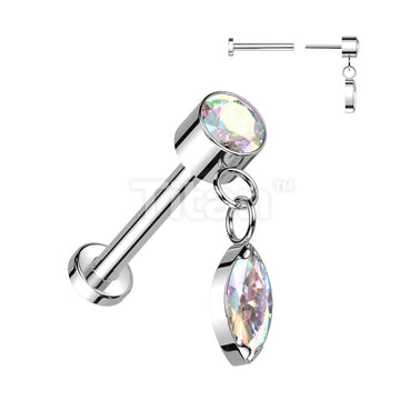 Implant Grade Titanium Threadless Push In Labret With Round Bezel Set CZ and Marquise CZ Dangle Top - Image 2