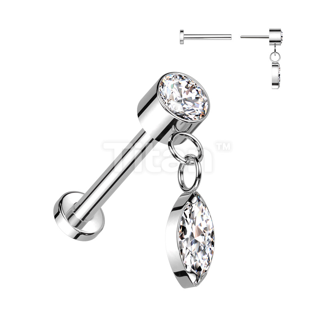 Implant Grade Titanium Threadless Push In Labret With Round Bezel Set CZ and Marquise CZ Dangle Top - Image 3