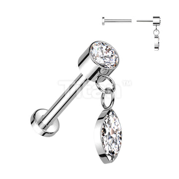 Implant Grade Titanium Threadless Push In Labret With Round Bezel Set CZ and Marquise CZ Dangle Top - Image 3