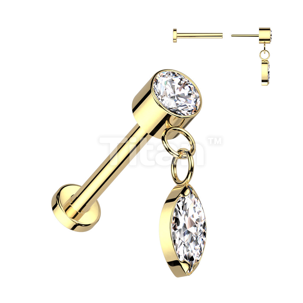 Implant Grade Titanium Threadless Push In Labret With Round Bezel Set CZ and Marquise CZ Dangle Top - Image 4