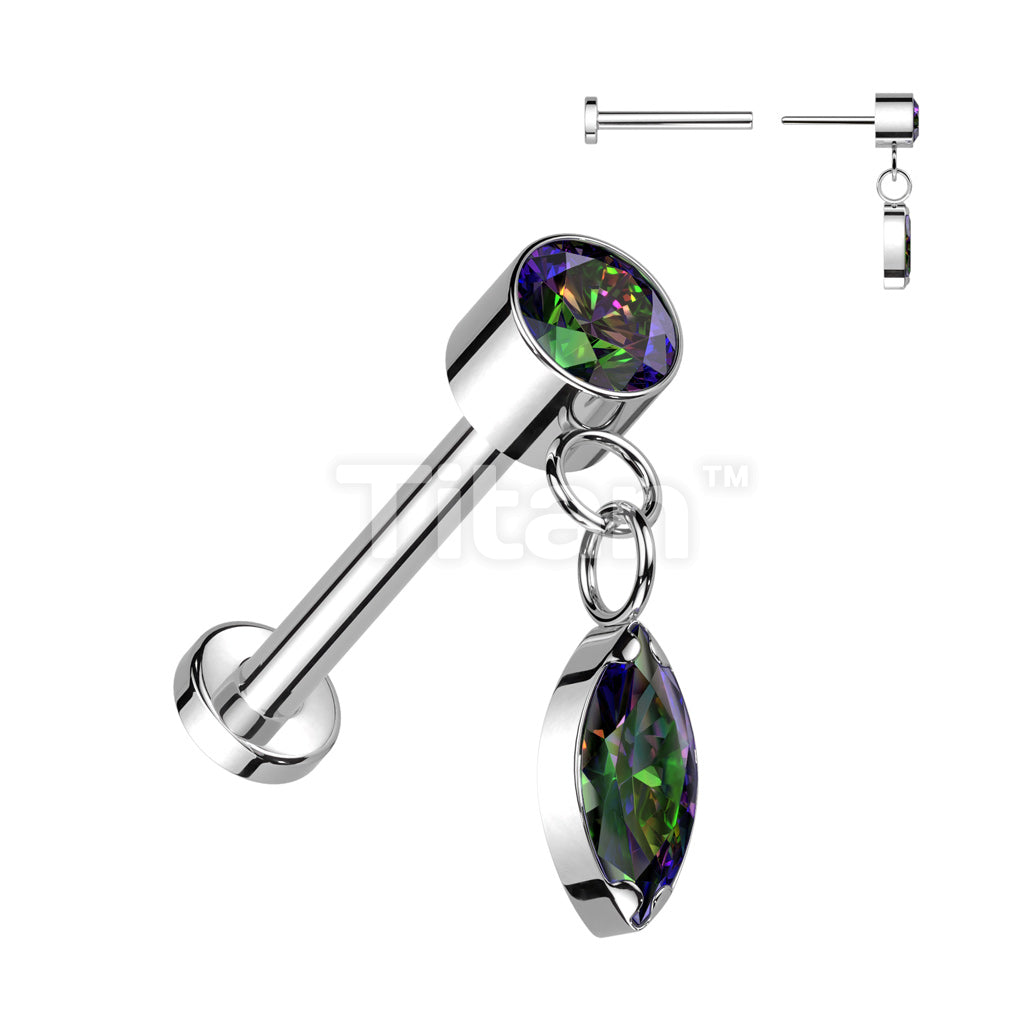 Implant Grade Titanium Threadless Push In Labret With Round Bezel Set CZ and Marquise CZ Dangle Top - Image 5
