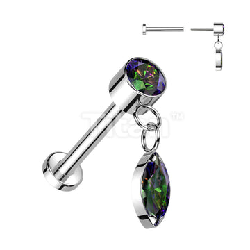 Implant Grade Titanium Threadless Push In Labret With Round Bezel Set CZ and Marquise CZ Dangle Top - Image 5