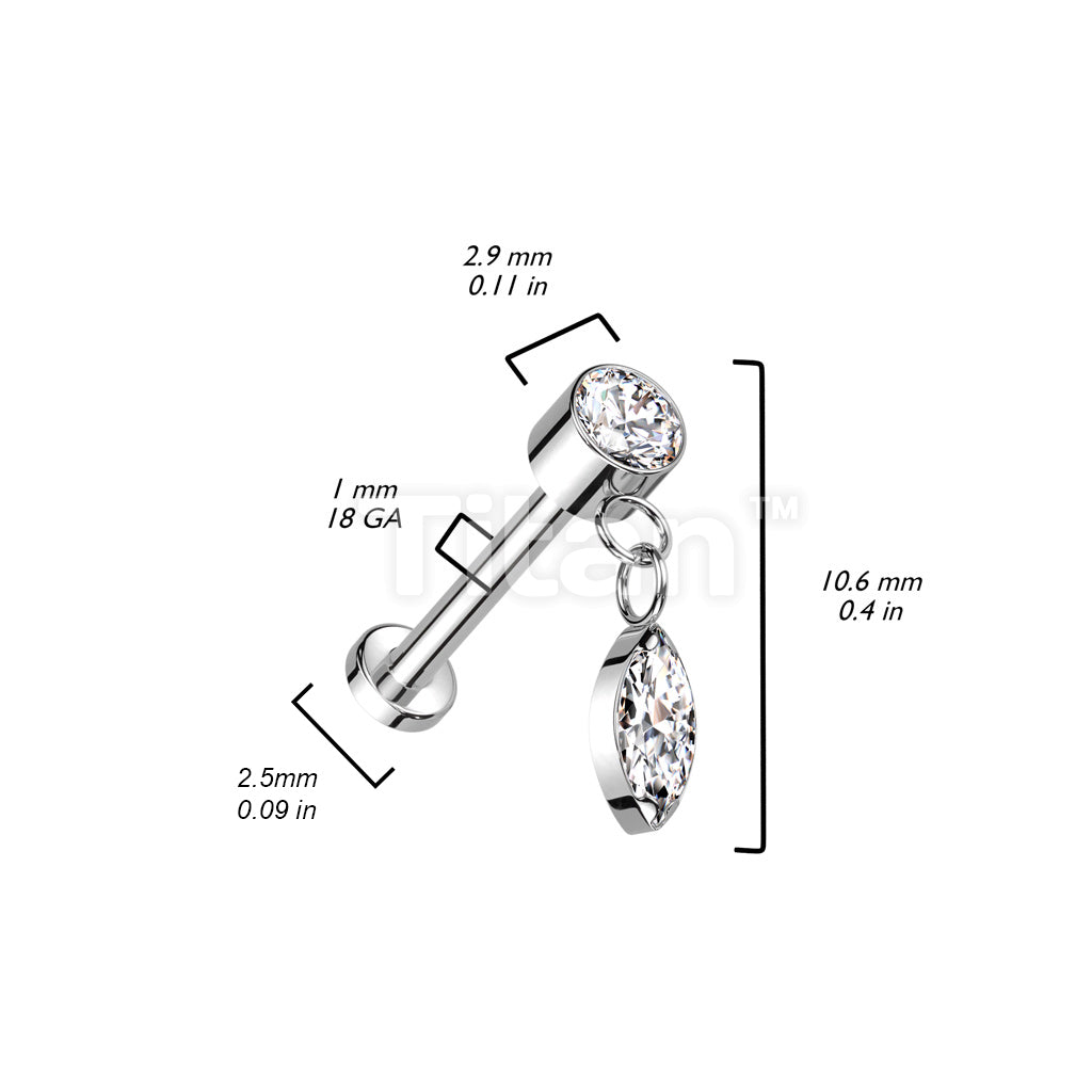 Implant Grade Titanium Threadless Push In Labret With Round Bezel Set CZ and Marquise CZ Dangle Top - Image 6