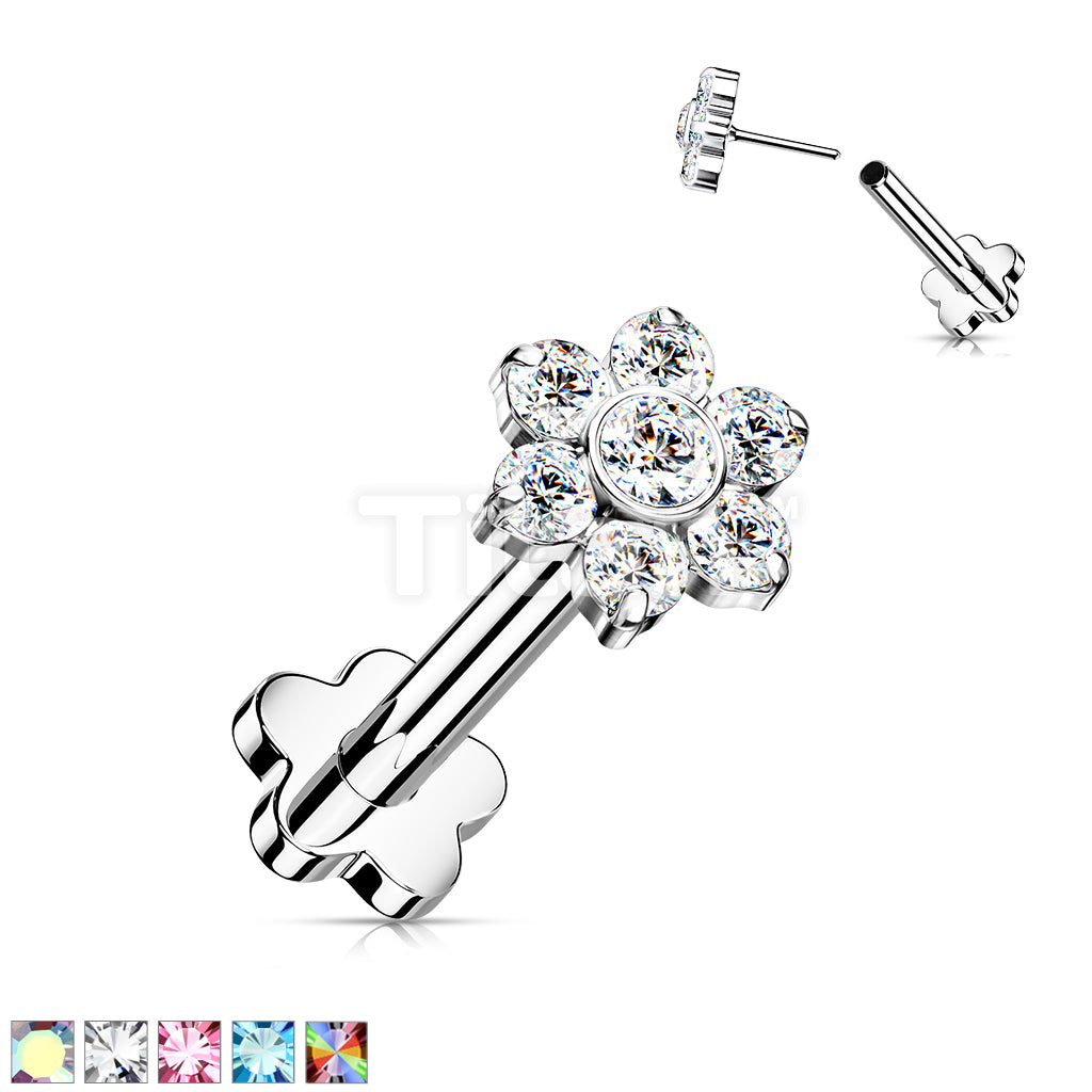Implant Grade Titanium Threadless Push in Flower Base Labret With CZ Flower Top - Image 2