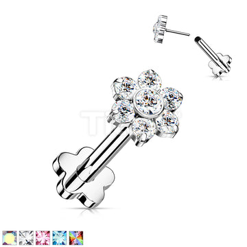 Implant Grade Titanium Threadless Push in Flower Base Labret With CZ Flower Top - Image 2