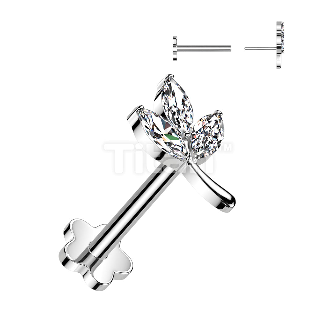 Implant Grade Titanium Threadless Push In Flower Base Labret With 3 Marquise CZ Leaf Top - Image 2