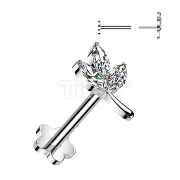Implant Grade Titanium Threadless Push In Flower Base Labret With 3 Marquise CZ Leaf Top - Image 2