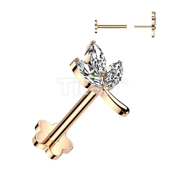 Implant Grade Titanium Threadless Push In Flower Base Labret With 3 Marquise CZ Leaf Top - Image 4