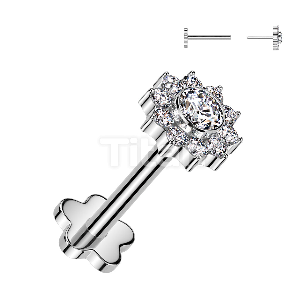Implant Grade Titanium Threadless Push In Flower Base Labret With CZ Pave Flower Top - Image 2
