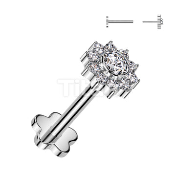 Implant Grade Titanium Threadless Push In Flower Base Labret With CZ Pave Flower Top - Image 2