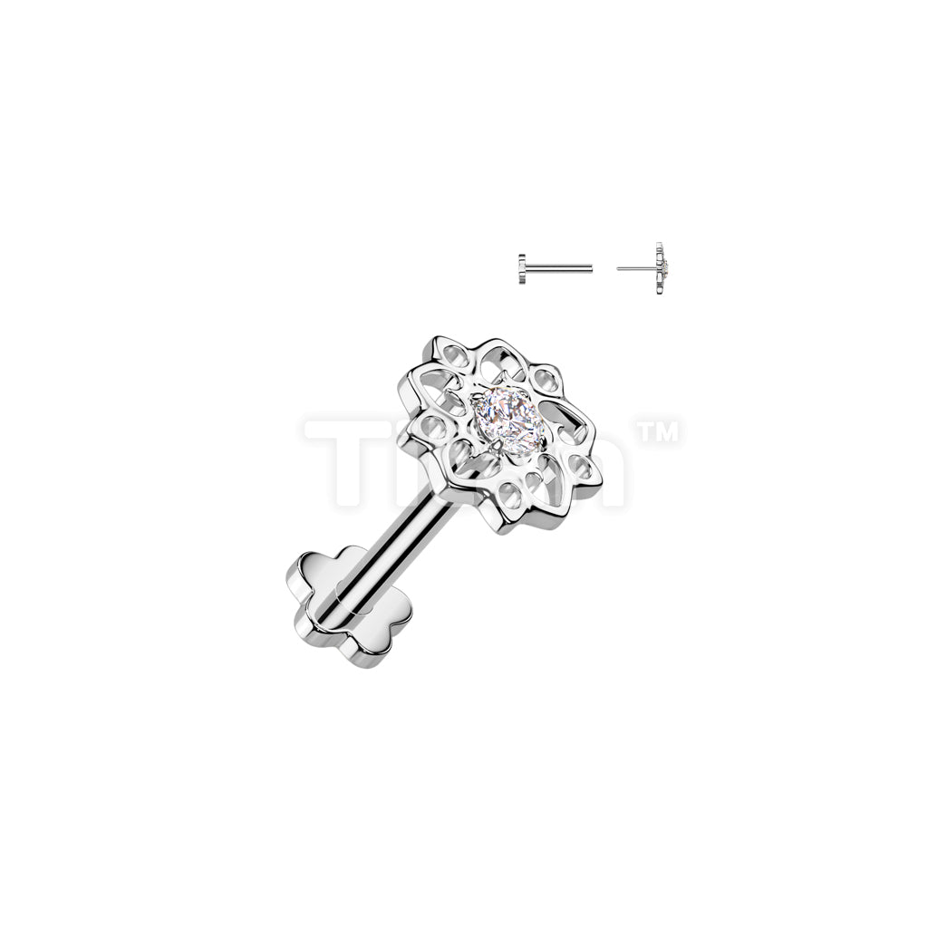 Implant Grade Titanium Threadless Push In Flower Base Flat Back Stud With Hollow Floral CZ Center Top - Image 2