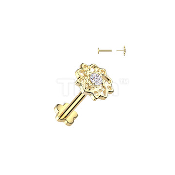 Implant Grade Titanium Threadless Push In Flower Base Flat Back Stud With Hollow Floral CZ Center Top - Image 3