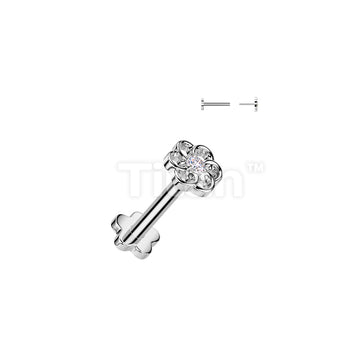 Implant Grade Titanium Threadless Push In Flower Base Flat Back Stud With Small Hollow Swirl Flower CZ Center Top - Image 2