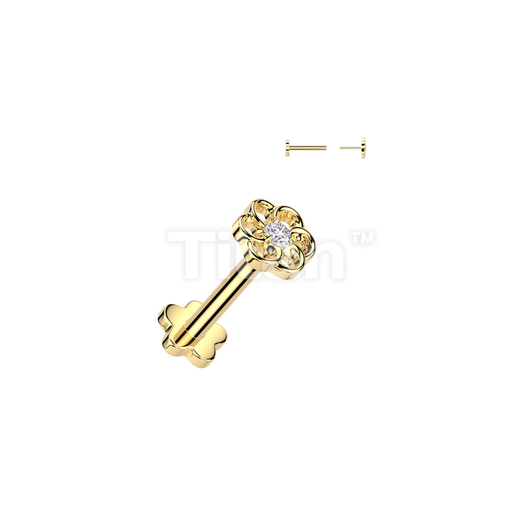 Implant Grade Titanium Threadless Push In Flower Base Flat Back Stud With Small Hollow Swirl Flower CZ Center Top - Image 3