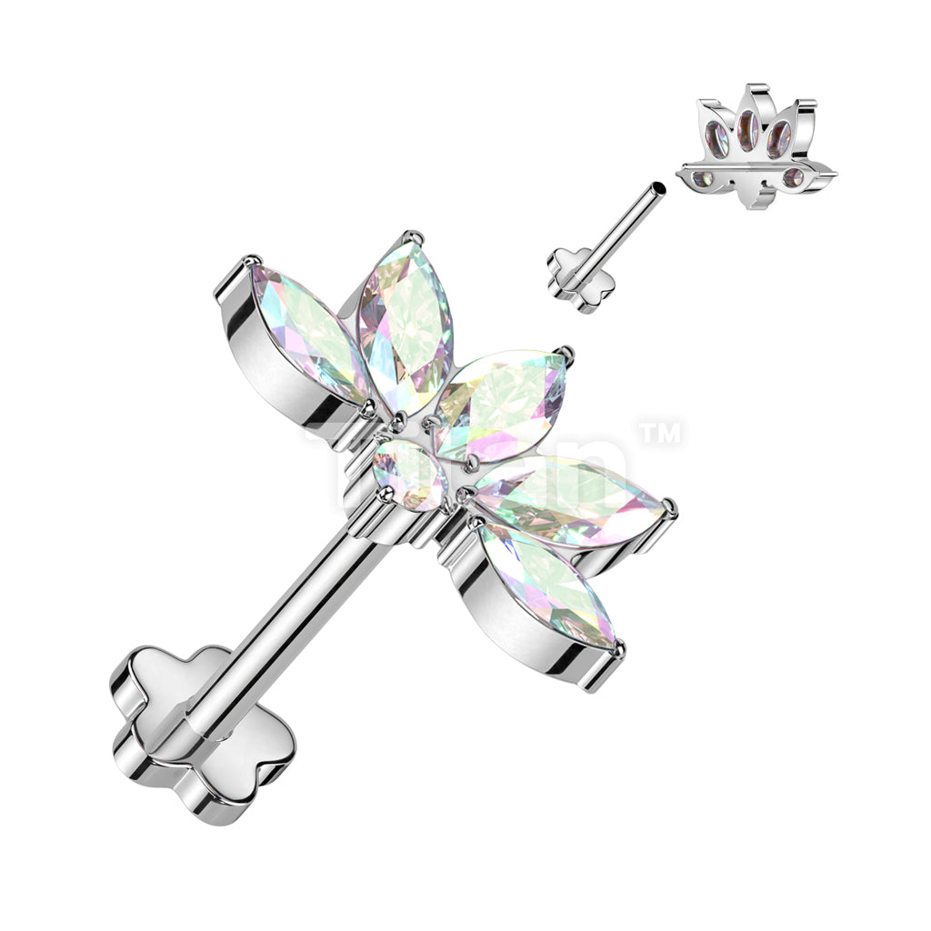 Implant Grade Titanium Threadless Push In Flower Base Labret With Marquise CZ Lotus Flower Top - Image 2