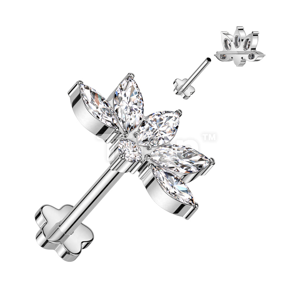 Implant Grade Titanium Threadless Push In Flower Base Labret With Marquise CZ Lotus Flower Top - Image 3