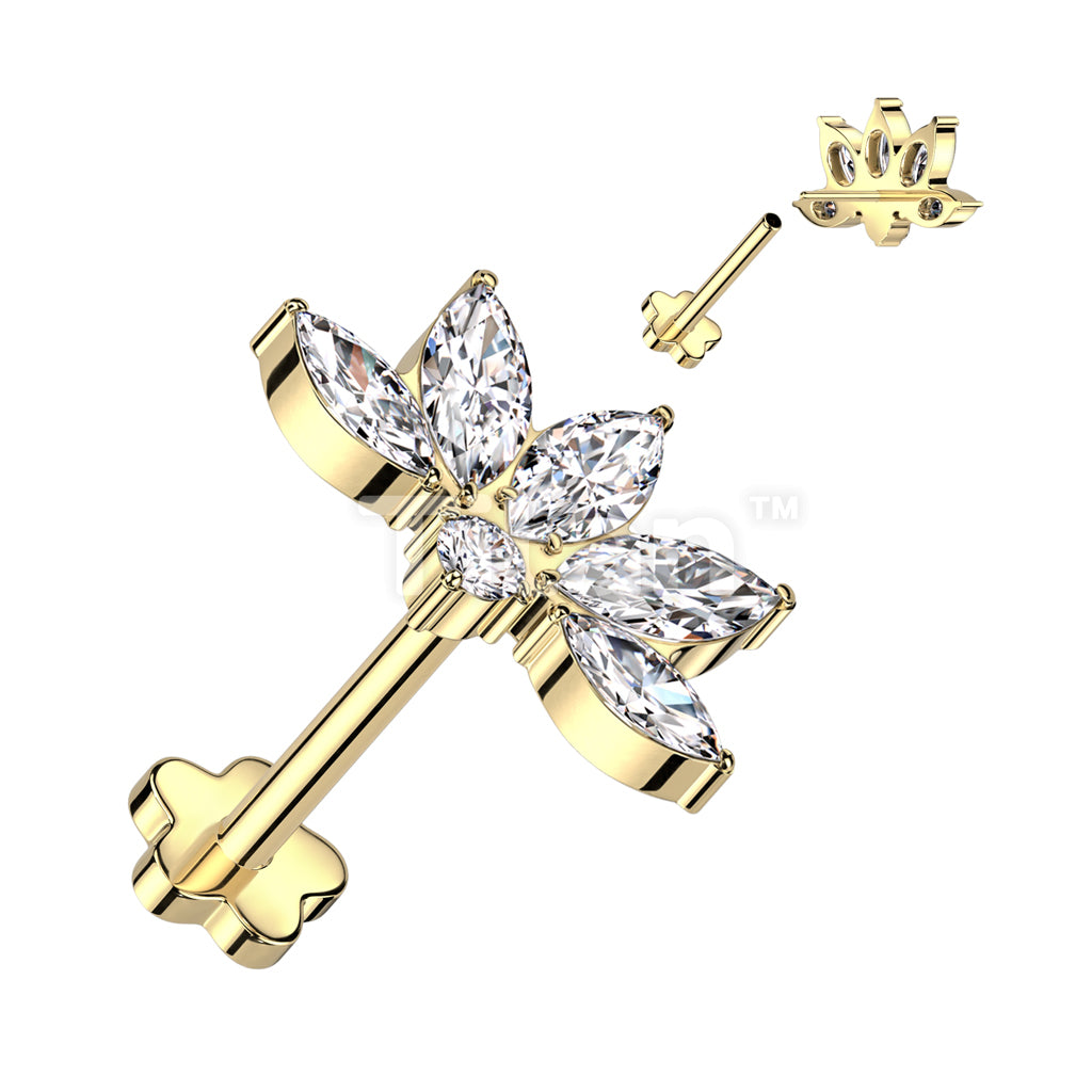 Implant Grade Titanium Threadless Push In Flower Base Labret With Marquise CZ Lotus Flower Top - Image 4