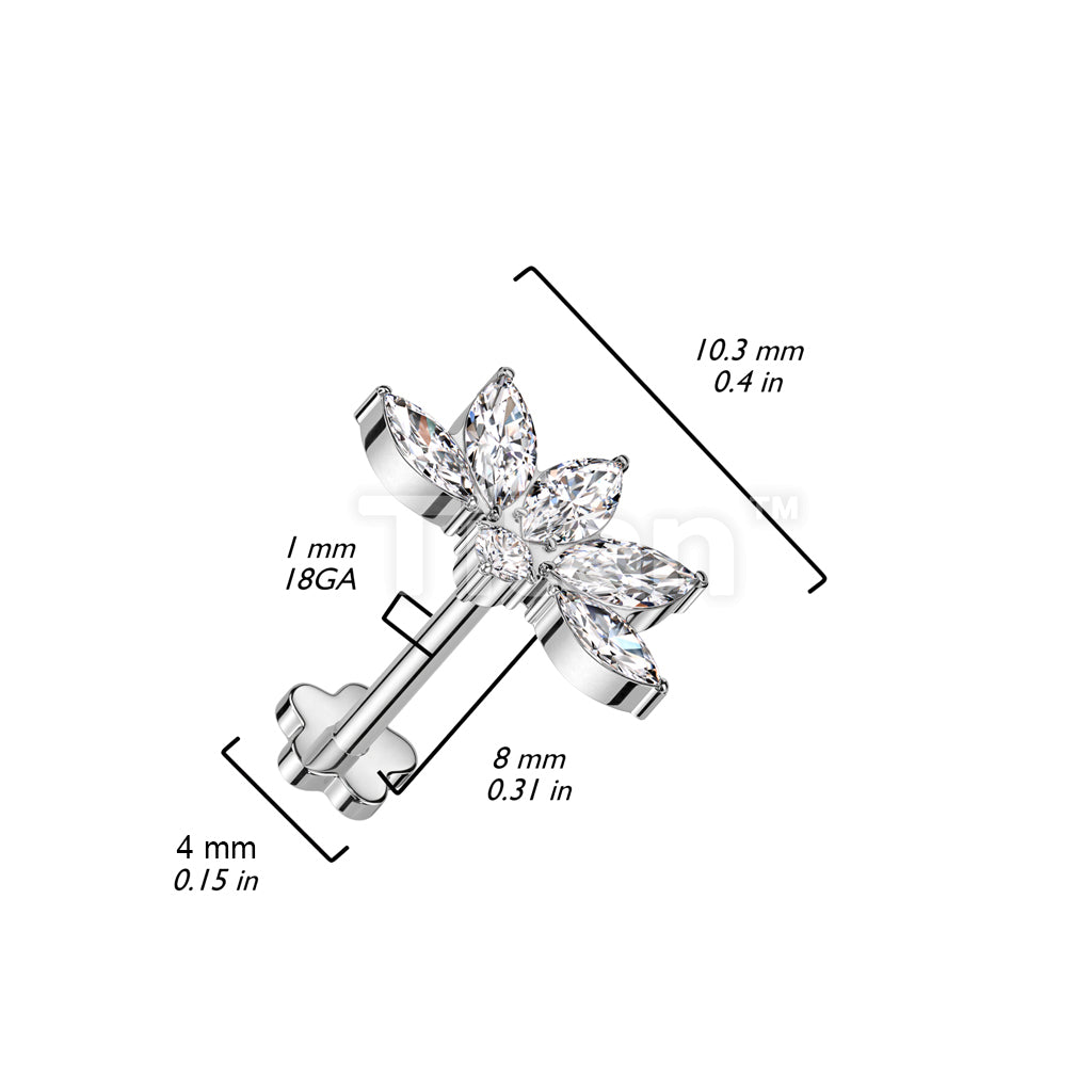 Implant Grade Titanium Threadless Push In Flower Base Labret With Marquise CZ Lotus Flower Top - Image 6