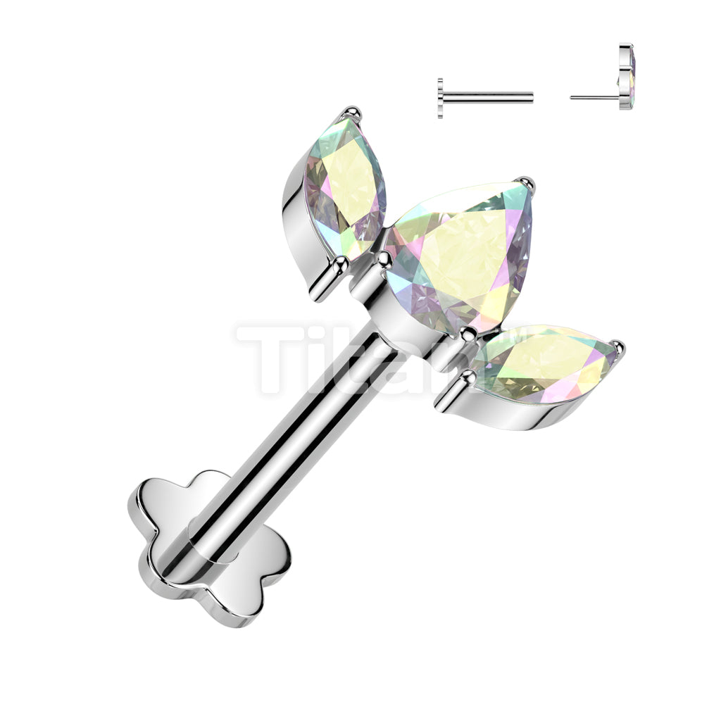 Implant Grade Titanium Threadless Push In Flower Base Labret With Pear CZ Between 2 Marquise CZ Top - Image 2