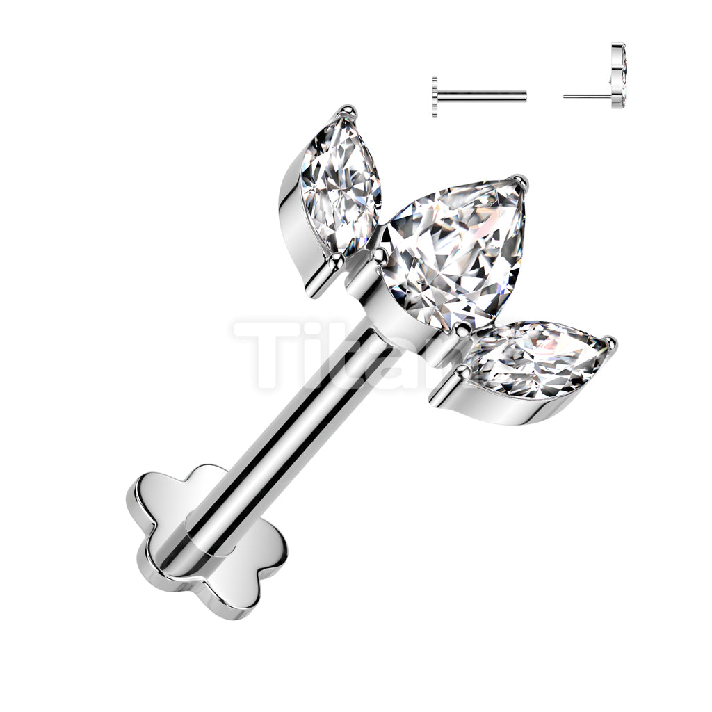 Implant Grade Titanium Threadless Push In Flower Base Labret With Pear CZ Between 2 Marquise CZ Top - Image 3